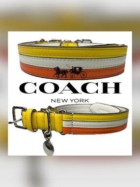Coach Leather Y2K Striped Yellow White Orange Size Large 17-21” Dog Collar